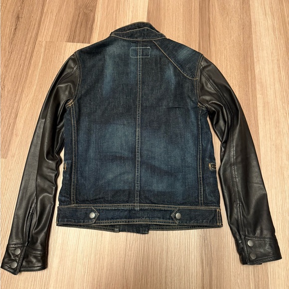 Rag & Bone Zip Front Leather Sleeve Moto Dark Denim Jean Jacket - Picture 2 of 10